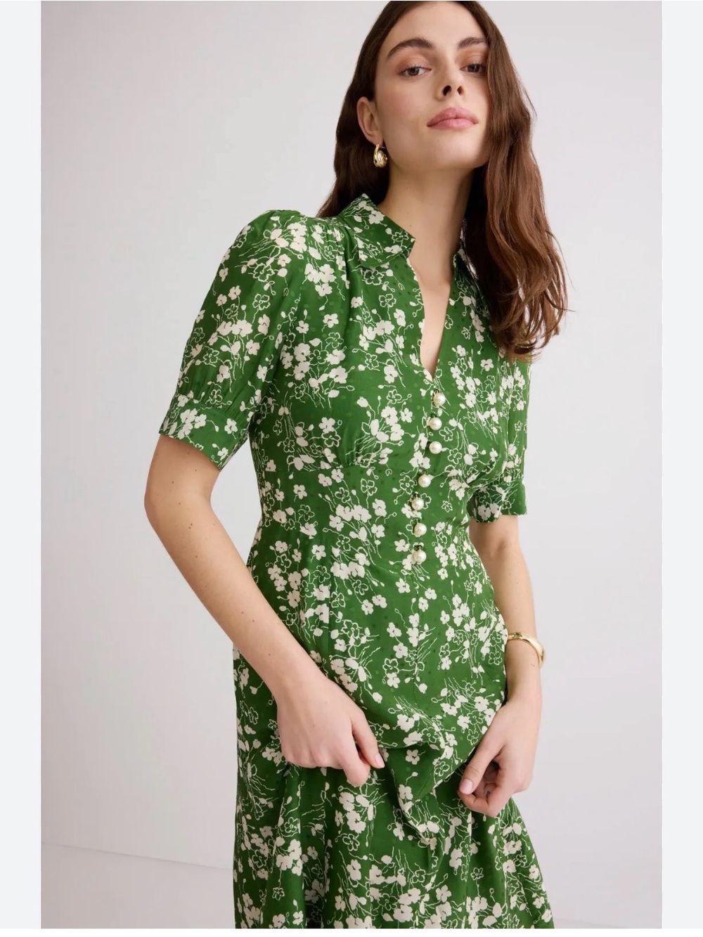 LK Bennett Green Floral Shirt Dress with Ivory Bloom Print
